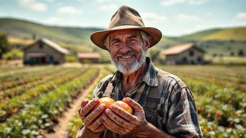 A photorealistic image of a weathered, wise-looking Brazilian farmer with a gentle smile, standing proudly amidst rows of vibrant, organic crops under a warm afternoon sun. His hands, gnarled from years of work, hold a freshly picked, ripe fruit. In the background, a charming rustic farmhouse and rolling green hills. Cinematic lighting, sharp focus on the farmer's face and hands, depth of field blurring the background. 8K hyper-detailed, professional photography. A photorealistic image of a weathered, wise-looking Brazilian farmer with a gentle smile, standing proudly amidst rows of vibrant, organic crops under a warm afternoon sun. His hands, gnarled from years of work, hold a freshly picked, ripe fruit. In the background, a charming rustic farmhouse and rolling green hills. Cinematic lighting, sharp focus on the farmer's face and hands, depth of field blurring the background. 8K hyper-detailed, professional photography.