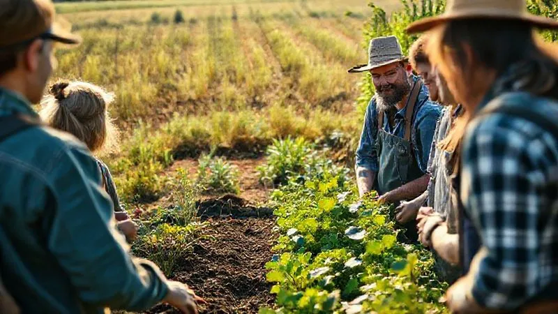 A photorealistic, professional photography shot on a high-end DSLR of a family farmer demonstrating sustainable farming practices to a small group of attentive tourists. They are gathered around a vibrant organic garden, learning about composting or natural pest control. The scene is bathed in soft, natural light, highlighting the rich soil and healthy plants. Sharp focus on the interaction, depth of field blurring the surrounding fields. 8K hyper-detailed, conveying education and environmental responsibility. A photorealistic, professional photography shot on a high-end DSLR of a family farmer demonstrating sustainable farming practices to a small group of attentive tourists. They are gathered around a vibrant organic garden, learning about composting or natural pest control. The scene is bathed in soft, natural light, highlighting the rich soil and healthy plants. Sharp focus on the interaction, depth of field blurring the surrounding fields. 8K hyper-detailed, conveying education and environmental responsibility.