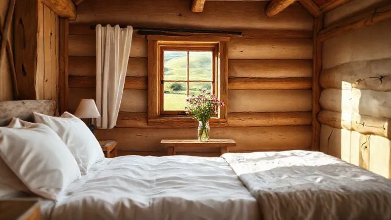 A photorealistic image of a rustic, yet impeccably clean and inviting guest room in a rural farm stay. The room features natural wood elements, a comfortable bed with crisp white linens, a small window overlooking rolling green hills, and a vase with fresh wildflowers. Soft, natural light fills the space, creating a sense of peace and tranquility. Sharp focus on the details of the room, depth of field blurring the distant view. 8K hyper-detailed, professional photography. A photorealistic image of a rustic, yet impeccably clean and inviting guest room in a rural farm stay. The room features natural wood elements, a comfortable bed with crisp white linens, a small window overlooking rolling green hills, and a vase with fresh wildflowers. Soft, natural light fills the space, creating a sense of peace and tranquility. Sharp focus on the details of the room, depth of field blurring the distant view. 8K hyper-detailed, professional photography.