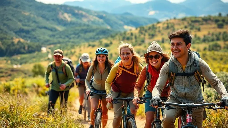A photorealistic image of a diverse group of travelers engaged in eco-tourism activities, like hiking or cycling, with vibrant natural landscapes in the background. Cinematic lighting, sharp focus on their joyful and responsible interaction with nature, depth of field, 8K hyper-detailed, shot on a high-end DSLR. A photorealistic image of a diverse group of travelers engaged in eco-tourism activities, like hiking or cycling, with vibrant natural landscapes in the background. Cinematic lighting, sharp focus on their joyful and responsible interaction with nature, depth of field, 8K hyper-detailed, shot on a high-end DSLR.