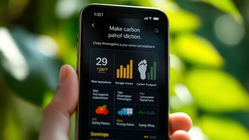 A photorealistic close-up of a smartphone screen displaying an app interface with clear, easy-to-understand infographics about carbon footprint reduction. The background is a soft blur of natural elements like leaves or water. Cinematic lighting, sharp focus on the detailed UI, depth of field, 8K hyper-detailed, shot on a high-end DSLR. A photorealistic close-up of a smartphone screen displaying an app interface with clear, easy-to-understand infographics about carbon footprint reduction. The background is a soft blur of natural elements like leaves or water. Cinematic lighting, sharp focus on the detailed UI, depth of field, 8K hyper-detailed, shot on a high-end DSLR.