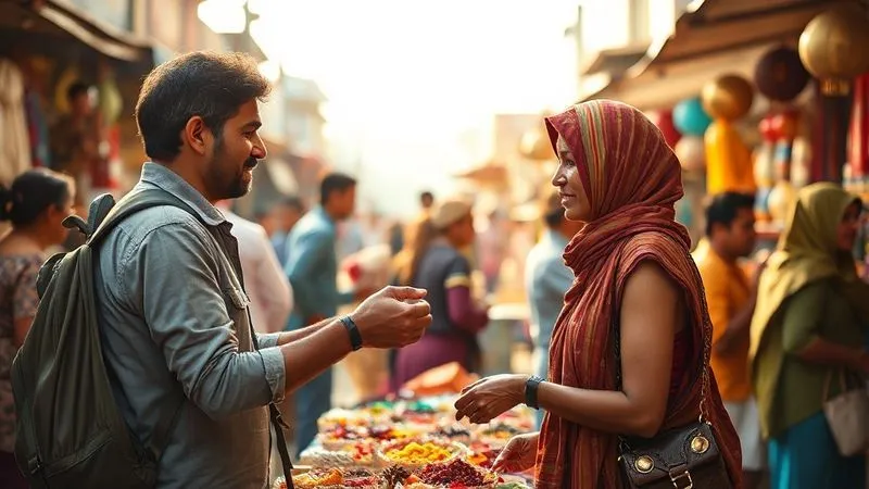 A photorealistic, professional photography shot on a high-end DSLR, showing a vibrant, bustling local market scene with diverse people interacting. In the foreground, a traveler is paying a local vendor for handcrafted goods, with a subtle glow around their interaction, symbolizing positive economic impact. Cinematic lighting, sharp focus on the transaction, depth of field, 8K hyper-detailed. A photorealistic, professional photography shot on a high-end DSLR, showing a vibrant, bustling local market scene with diverse people interacting. In the foreground, a traveler is paying a local vendor for handcrafted goods, with a subtle glow around their interaction, symbolizing positive economic impact. Cinematic lighting, sharp focus on the transaction, depth of field, 8K hyper-detailed.