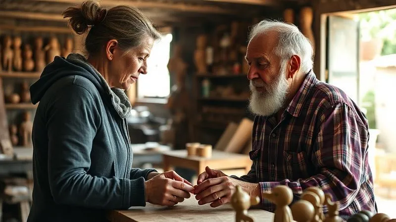 A photorealistic, professional photography shot on a high-end DSLR, showing a traveler (Ana) deeply engaged in conversation with an elderly artisan in a rustic, well-lit wood carving workshop in Ouro Preto, Brazil. The artisan is demonstrating a traditional technique, and handcrafted wooden figures are visible. Cinematic lighting, sharp focus on their interaction and the details of the workshop, depth of field, 8K hyper-detailed, conveying authentic cultural exchange. A photorealistic, professional photography shot on a high-end DSLR, showing a traveler (Ana) deeply engaged in conversation with an elderly artisan in a rustic, well-lit wood carving workshop in Ouro Preto, Brazil. The artisan is demonstrating a traditional technique, and handcrafted wooden figures are visible. Cinematic lighting, sharp focus on their interaction and the details of the workshop, depth of field, 8K hyper-detailed, conveying authentic cultural exchange.