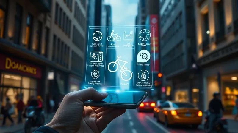 A photorealistic, professional photography shot on a high-end DSLR, showing a futuristic holographic interface projecting from a smartphone, displaying augmented reality overlays on a bustling city street. The overlays highlight sustainable local businesses, bike lanes, and eco-friendly transport options with glowing icons. Cinematic lighting, sharp focus on the holographic display, depth of field, 8K hyper-detailed, symbolizing the future of sustainable travel apps. A photorealistic, professional photography shot on a high-end DSLR, showing a futuristic holographic interface projecting from a smartphone, displaying augmented reality overlays on a bustling city street. The overlays highlight sustainable local businesses, bike lanes, and eco-friendly transport options with glowing icons. Cinematic lighting, sharp focus on the holographic display, depth of field, 8K hyper-detailed, symbolizing the future of sustainable travel apps.