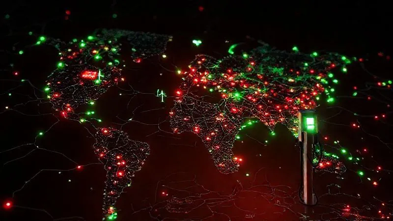 A photorealistic image of a complex electrical grid overlaying a map, with some nodes glowing vibrant green (renewable energy sources like wind turbines and solar farms) and others dull red (fossil fuel power plants), illustrating the origin challenge for EV charging. The grid lines converge towards an electric car charging, highlighting the mix of energy sources. Professional photography, 8K, cinematic lighting, sharp focus, depth of field.