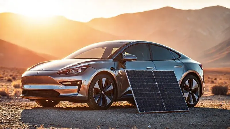 A photorealistic image of a sleek electric car parked in a remote, breathtaking natural landscape (e.g., mountains or desert), with advanced, lightweight portable solar panels elegantly laid out next to it, subtly charging the vehicle. The scene is bathed in warm, golden sunlight, emphasizing self-sufficiency, exploration, and eco-friendly travel off the beaten path. Professional photography, 8K, cinematic lighting, sharp focus, depth of field.