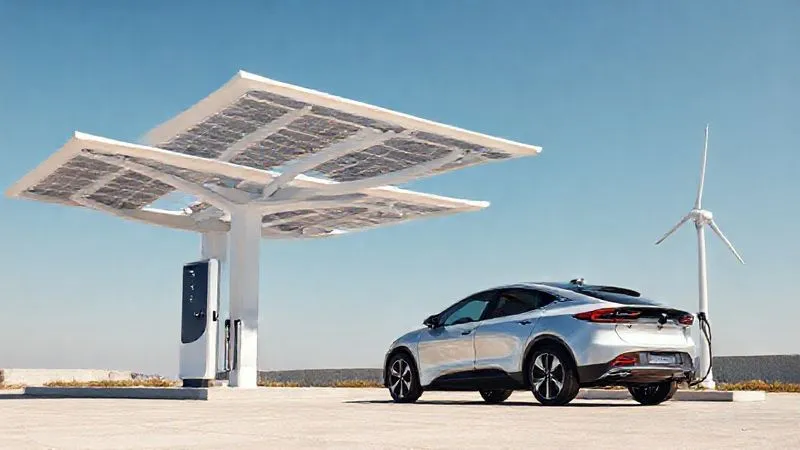A photorealistic image of a futuristic EV charging station integrated with large, elegant solar canopies providing shade and generating power, and a small, silent vertical-axis wind turbine spinning gently beside it, set against a clear blue sky. An electric car with a sleek design is charging, highlighting cutting-edge sustainable infrastructure and energy independence. Professional photography, 8K, cinematic lighting, sharp focus, depth of field.