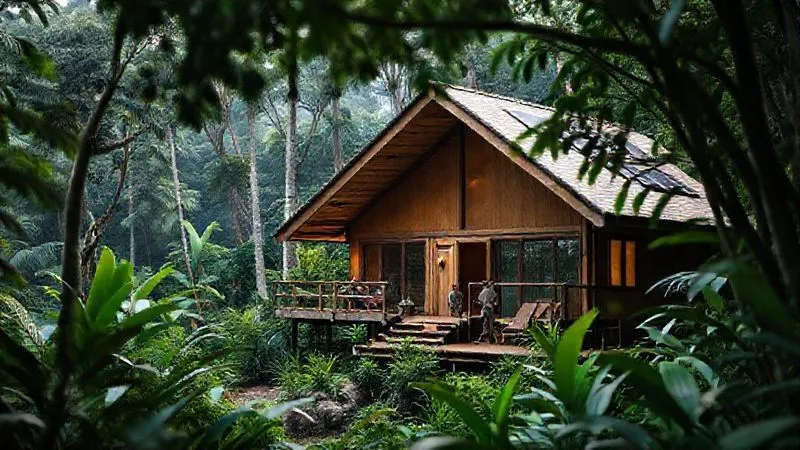A photorealistic, professional photography, 8K, cinematic lighting image of a serene eco-lodge nestled discreetly within a vibrant rainforest, with solar panels subtly integrated into the design and local community members working harmoniously, sharp focus on the sustainable architecture, depth of field blurring the surrounding foliage, shot on a high-end DSLR. A photorealistic, professional photography, 8K, cinematic lighting image of a serene eco-lodge nestled discreetly within a vibrant rainforest, with solar panels subtly integrated into the design and local community members working harmoniously, sharp focus on the sustainable architecture, depth of field blurring the surrounding foliage, shot on a high-end DSLR.