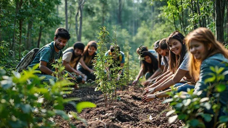 A photorealistic, professional photography, 8K, cinematic lighting image of a diverse group of enthusiastic volunteers planting native trees in a deforested area, surrounded by lush regenerating foliage. The scene conveys hope and collective action, with sharp focus on the planting activity and a soft depth of field, shot on a high-end DSLR. A photorealistic, professional photography, 8K, cinematic lighting image of a diverse group of enthusiastic volunteers planting native trees in a deforested area, surrounded by lush regenerating foliage. The scene conveys hope and collective action, with sharp focus on the planting activity and a soft depth of field, shot on a high-end DSLR.