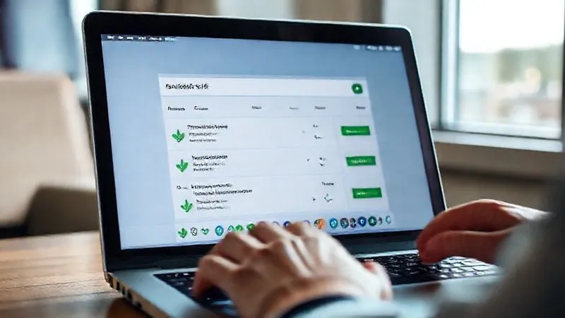A photorealistic image of a laptop screen displaying a flight search engine interface with green leaf icons next to certain flight options, indicating lower carbon emissions. The screen is in sharp focus, with a blurred background of a person's hands on a keyboard. Cinematic lighting, 8K, professional photography, shot on a high-end DSLR. A photorealistic image of a laptop screen displaying a flight search engine interface with green leaf icons next to certain flight options, indicating lower carbon emissions. The screen is in sharp focus, with a blurred background of a person's hands on a keyboard. Cinematic lighting, 8K, professional photography, shot on a high-end DSLR.