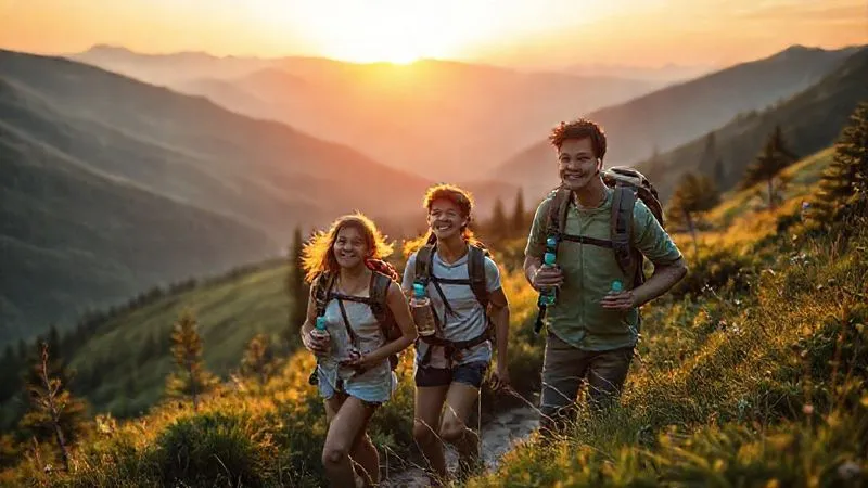 A photorealistic image of a family hiking on a trail in a lush, green mountain landscape, with reusable water bottles and small backpacks. The sun is setting, casting a warm glow. Cinematic lighting, sharp focus on the family's joyful expressions, depth of field blurring the distant mountains. 8K, professional photography, shot on a high-end DSLR. A photorealistic image of a family hiking on a trail in a lush, green mountain landscape, with reusable water bottles and small backpacks. The sun is setting, casting a warm glow. Cinematic lighting, sharp focus on the family's joyful expressions, depth of field blurring the distant mountains. 8K, professional photography, shot on a high-end DSLR.