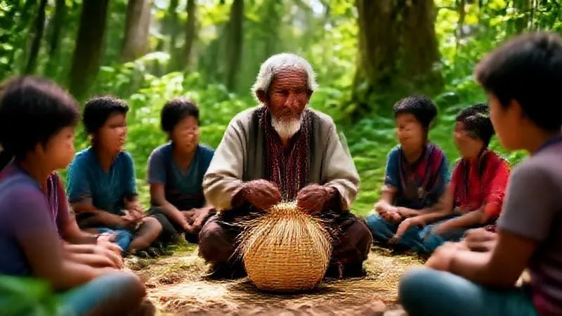Photorealistic, professional photography, 8K, cinematic lighting, sharp focus, depth of field, shot on a high-end DSLR. A wise indigenous elder, with a kind, weathered face and traditional attire, is gently teaching a small group of attentive travelers how to weave a basket using natural fibers. They are sitting on the ground in a vibrant, sunlit forest clearing, surrounded by lush vegetation. The scene emphasizes intergenerational knowledge transfer, cultural exchange, and respectful learning. Photorealistic, professional photography, 8K, cinematic lighting, sharp focus, depth of field, shot on a high-end DSLR. A wise indigenous elder, with a kind, weathered face and traditional attire, is gently teaching a small group of attentive travelers how to weave a basket using natural fibers. They are sitting on the ground in a vibrant, sunlit forest clearing, surrounded by lush vegetation. The scene emphasizes intergenerational knowledge transfer, cultural exchange, and respectful learning.