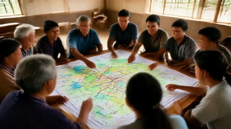 Photorealistic, professional photography, 8K, cinematic lighting, sharp focus, depth of field, shot on a high-end DSLR. A diverse group of community members, including elders and youth, are gathered around a large, hand-drawn map of their village and surrounding natural area. They are pointing to different sections, discussing and planning with focused expressions, illustrating collaborative decision-making and strategic reinvestment for community development. The setting is a rustic, sunlit community center. Photorealistic, professional photography, 8K, cinematic lighting, sharp focus, depth of field, shot on a high-end DSLR. A diverse group of community members, including elders and youth, are gathered around a large, hand-drawn map of their village and surrounding natural area. They are pointing to different sections, discussing and planning with focused expressions, illustrating collaborative decision-making and strategic reinvestment for community development. The setting is a rustic, sunlit community center.