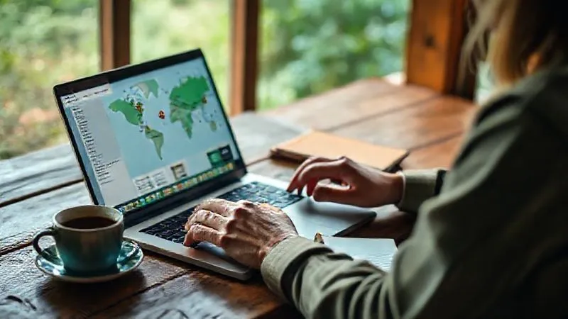 A photorealistic image of a person sitting at a rustic wooden table, illuminated by soft natural light, intently researching eco-friendly accommodations on a laptop. The screen shows a map with various pins indicating sustainable hotels, and open browser tabs suggest different booking platforms. A cup of herbal tea and a notebook are beside the laptop. Cinematic lighting, sharp focus on the screen and hands, depth of field blurring the cozy, green background. Shot on a high-end DSLR, 8K hyper-detailed. A photorealistic image of a person sitting at a rustic wooden table, illuminated by soft natural light, intently researching eco-friendly accommodations on a laptop. The screen shows a map with various pins indicating sustainable hotels, and open browser tabs suggest different booking platforms. A cup of herbal tea and a notebook are beside the laptop. Cinematic lighting, sharp focus on the screen and hands, depth of field blurring the cozy, green background. Shot on a high-end DSLR, 8K hyper-detailed.
