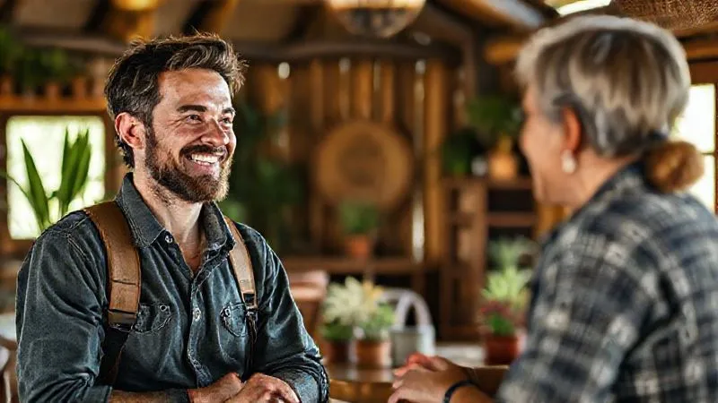 A photorealistic image of a traveler with a warm, genuine smile, engaged in conversation with a local host at the reception of a charming, rustic eco-lodge. The background shows handcrafted wooden furniture, potted plants, and natural light streaming through a window. Both individuals appear relaxed and friendly, suggesting a direct and personal interaction. Cinematic lighting, sharp focus on their faces and expressions, depth of field blurring the cozy interior. Shot on a high-end DSLR, 8K hyper-detailed. A photorealistic image of a traveler with a warm, genuine smile, engaged in conversation with a local host at the reception of a charming, rustic eco-lodge. The background shows handcrafted wooden furniture, potted plants, and natural light streaming through a window. Both individuals appear relaxed and friendly, suggesting a direct and personal interaction. Cinematic lighting, sharp focus on their faces and expressions, depth of field blurring the cozy interior. Shot on a high-end DSLR, 8K hyper-detailed.
