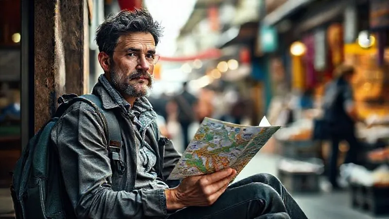 A photorealistic image of a traveler with a thoughtful expression, holding a local map and a small phrasebook, perhaps sitting in a quiet corner of a bustling marketplace, observing and preparing. Cinematic lighting, sharp focus on the traveler and their tools, depth of field blurring the background, 8K hyper-detailed, shot on a high-end DSLR. A photorealistic image of a traveler with a thoughtful expression, holding a local map and a small phrasebook, perhaps sitting in a quiet corner of a bustling marketplace, observing and preparing. Cinematic lighting, sharp focus on the traveler and their tools, depth of field blurring the background, 8K hyper-detailed, shot on a high-end DSLR.