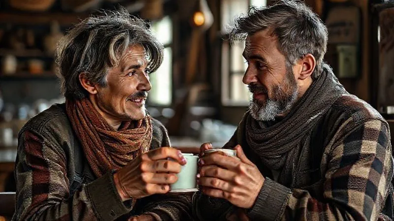 A photorealistic image of two people, one appearing local and one a traveler, sharing a story over a cup of tea or coffee in a rustic, authentic setting. Both have expressive faces, showing engagement and warmth in their interaction, with a focus on their shared moment. Cinematic lighting, sharp focus on their faces, depth of field blurring the background, 8K hyper-detailed, shot on a high-end DSLR. A photorealistic image of two people, one appearing local and one a traveler, sharing a story over a cup of tea or coffee in a rustic, authentic setting. Both have expressive faces, showing engagement and warmth in their interaction, with a focus on their shared moment. Cinematic lighting, sharp focus on their faces, depth of field blurring the background, 8K hyper-detailed, shot on a high-end DSLR.
