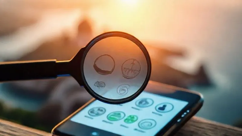 A photorealistic image of a magnifying glass hovering over a smartphone screen displaying various eco-certification logos, with a blurred background of travel destinations, professional photography, 8K, cinematic lighting, sharp focus on the screen, depth of field, shot on a high-end DSLR A photorealistic image of a magnifying glass hovering over a smartphone screen displaying various eco-certification logos, with a blurred background of travel destinations, professional photography, 8K, cinematic lighting, sharp focus on the screen, depth of field, shot on a high-end DSLR
