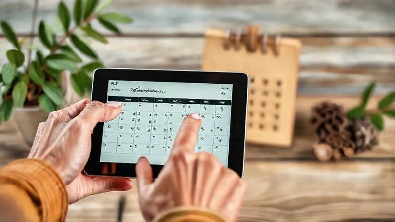 Photorealistic image of a traveler's hand pointing at a flexible itinerary on a tablet screen, with a rustic, eco-friendly calendar in the background, surrounded by natural elements like leaves and wood. Cinematic lighting, sharp focus, depth of field, 8K, professional photography, shot on a high-end DSLR. Photorealistic image of a traveler's hand pointing at a flexible itinerary on a tablet screen, with a rustic, eco-friendly calendar in the background, surrounded by natural elements like leaves and wood. Cinematic lighting, sharp focus, depth of field, 8K, professional photography, shot on a high-end DSLR.