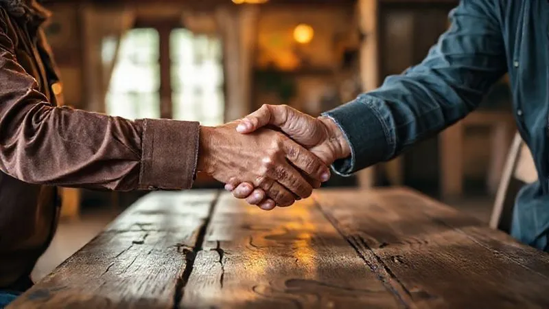 Photorealistic, professional photography, 8K, cinematic lighting, sharp focus on two hands (one traveler, one local host) shaking hands over a rustic wooden table, implying a negotiation or agreement. In the blurred background, a cozy, sustainable guest room. Depth of field, shot on a high-end DSLR. Photorealistic, professional photography, 8K, cinematic lighting, sharp focus on two hands (one traveler, one local host) shaking hands over a rustic wooden table, implying a negotiation or agreement. In the blurred background, a cozy, sustainable guest room. Depth of field, shot on a high-end DSLR.