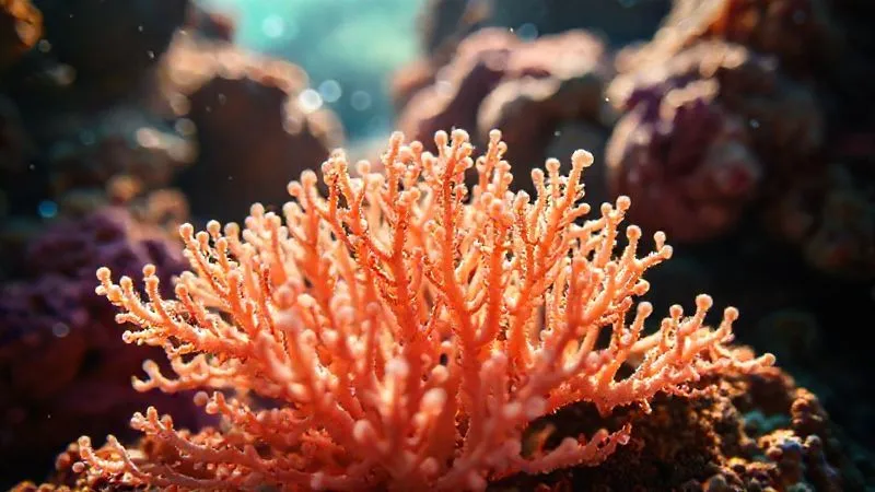 Photorealistic, professional photography, 8K, cinematic lighting, sharp focus, depth of field, shot on a high-end DSLR. A macro shot of delicate coral polyps in a vibrant reef, showing intricate details and the rich biodiversity, with slight blurring of the surrounding water to emphasize focus on the coral. Sunlight filtering through the water, creating dappled light effects. Photorealistic, professional photography, 8K, cinematic lighting, sharp focus, depth of field, shot on a high-end DSLR. A macro shot of delicate coral polyps in a vibrant reef, showing intricate details and the rich biodiversity, with slight blurring of the surrounding water to emphasize focus on the coral. Sunlight filtering through the water, creating dappled light effects.