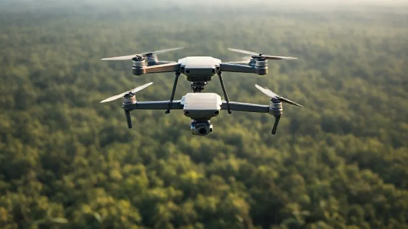 Photorealistic, professional photography, 8K, cinematic lighting, sharp focus, depth of field, shot on a high-end DSLR. A drone flying over a vast, pristine rainforest canopy, capturing aerial footage. The drone is sleek and modern, with the vibrant green of the forest stretching endlessly below, symbolizing technology's role in monitoring and protecting remote ecosystems. Soft morning light illuminates the scene. Photorealistic, professional photography, 8K, cinematic lighting, sharp focus, depth of field, shot on a high-end DSLR. A drone flying over a vast, pristine rainforest canopy, capturing aerial footage. The drone is sleek and modern, with the vibrant green of the forest stretching endlessly below, symbolizing technology's role in monitoring and protecting remote ecosystems. Soft morning light illuminates the scene.