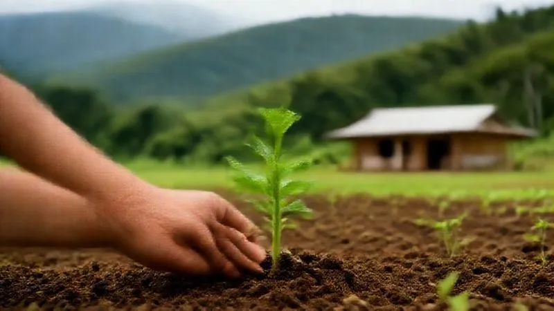 Uma mão plantando uma muda em solo fértil, com um fundo desfocado de uma paisagem natural exuberante e um lodge discreto, simbolizando a integração harmoniosa entre homem e natureza. Photorealistic, professional photography, 8K, cinematic lighting, sharp focus, depth of field, shot on a high-end DSLR. Uma mão plantando uma muda em solo fértil, com um fundo desfocado de uma paisagem natural exuberante e um lodge discreto, simbolizando a integração harmoniosa entre homem e natureza. Photorealistic, professional photography, 8K, cinematic lighting, sharp focus, depth of field, shot on a high-end DSLR.
