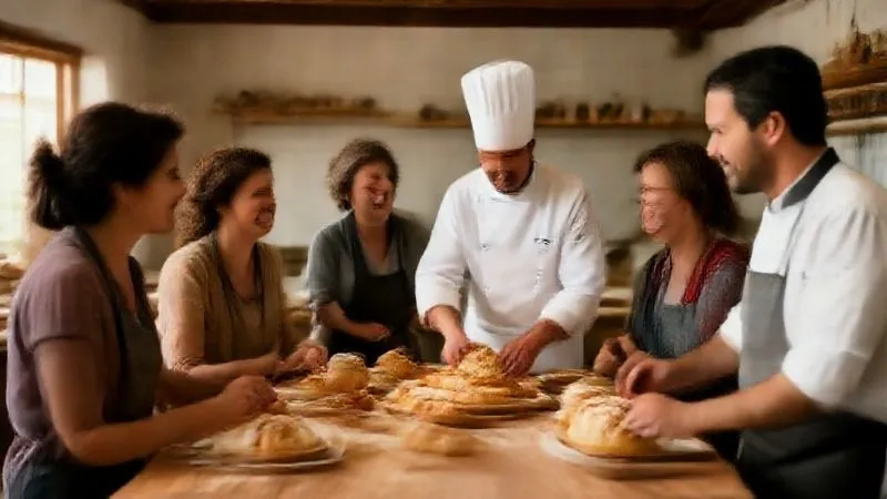 Um grupo de viajantes (diversos, engajados) aprendendo a fazer pão artesanal com um chef local em uma cozinha rústica e charmosa, risadas e foco na interação, luz natural suave. Photorealistic, professional photography, 8K, cinematic lighting, sharp focus, depth of field, shot on a high-end DSLR. Um grupo de viajantes (diversos, engajados) aprendendo a fazer pão artesanal com um chef local em uma cozinha rústica e charmosa, risadas e foco na interação, luz natural suave. Photorealistic, professional photography, 8K, cinematic lighting, sharp focus, depth of field, shot on a high-end DSLR.