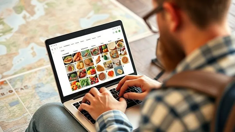 A photorealistic image of a traveler meticulously planning their trip on a laptop, surrounded by maps and local food guides. The screen displays a calendar of seasonal produce for a European region, with vibrant images of fruits and vegetables. Professional photography, 8K, cinematic lighting, sharp focus on the laptop screen and hands, depth of field blurring a travel backpack in the background, shot on a high-end DSLR. A photorealistic image of a traveler meticulously planning their trip on a laptop, surrounded by maps and local food guides. The screen displays a calendar of seasonal produce for a European region, with vibrant images of fruits and vegetables. Professional photography, 8K, cinematic lighting, sharp focus on the laptop screen and hands, depth of field blurring a travel backpack in the background, shot on a high-end DSLR.
