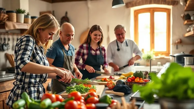 A photorealistic image of a small group of travelers actively participating in a cooking class in a rustic, sunlit kitchen in Italy. They are chopping fresh, colorful vegetables sourced from a local market, guided by a friendly Italian chef. Professional photography, 8K, cinematic lighting, sharp focus on the vibrant ingredients and happy faces, depth of field blurring the background kitchen, shot on a high-end DSLR. A photorealistic image of a small group of travelers actively participating in a cooking class in a rustic, sunlit kitchen in Italy. They are chopping fresh, colorful vegetables sourced from a local market, guided by a friendly Italian chef. Professional photography, 8K, cinematic lighting, sharp focus on the vibrant ingredients and happy faces, depth of field blurring the background kitchen, shot on a high-end DSLR.