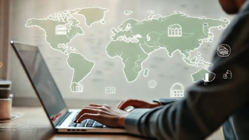 A photorealistic, professional photography, 8K, cinematic lighting, sharp focus, depth of field, shot on a high-end DSLR, of a person researching travel destinations on a laptop, with a world map and sustainable travel icons subtly integrated into the background, showing both budget and green elements. A photorealistic, professional photography, 8K, cinematic lighting, sharp focus, depth of field, shot on a high-end DSLR, of a person researching travel destinations on a laptop, with a world map and sustainable travel icons subtly integrated into the background, showing both budget and green elements.