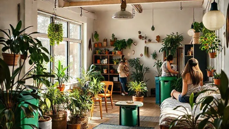 A photorealistic, professional photography, 8K, cinematic lighting, sharp focus, depth of field, shot on a high-end DSLR, of a cozy, eco-friendly hostel common area, with natural light, plants, and travelers interacting, subtly showing sustainable elements like recycling bins and energy-efficient lighting. A photorealistic, professional photography, 8K, cinematic lighting, sharp focus, depth of field, shot on a high-end DSLR, of a cozy, eco-friendly hostel common area, with natural light, plants, and travelers interacting, subtly showing sustainable elements like recycling bins and energy-efficient lighting.