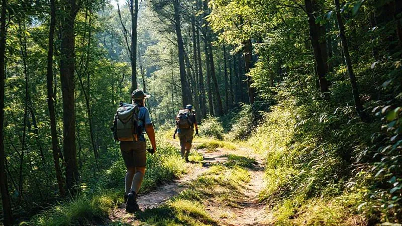 A photorealistic, professional photography, 8K, cinematic lighting, sharp focus, depth of field, shot on a high-end DSLR, depicting a small group of hikers on a well-maintained, narrow dirt trail winding through a vibrant, untouched forest. Sunlight filters through the canopy, creating dappled light. The hikers are wearing appropriate gear and observing the surroundings respectfully, embodying low-impact ecotourism. A photorealistic, professional photography, 8K, cinematic lighting, sharp focus, depth of field, shot on a high-end DSLR, depicting a small group of hikers on a well-maintained, narrow dirt trail winding through a vibrant, untouched forest. Sunlight filters through the canopy, creating dappled light. The hikers are wearing appropriate gear and observing the surroundings respectfully, embodying low-impact ecotourism.