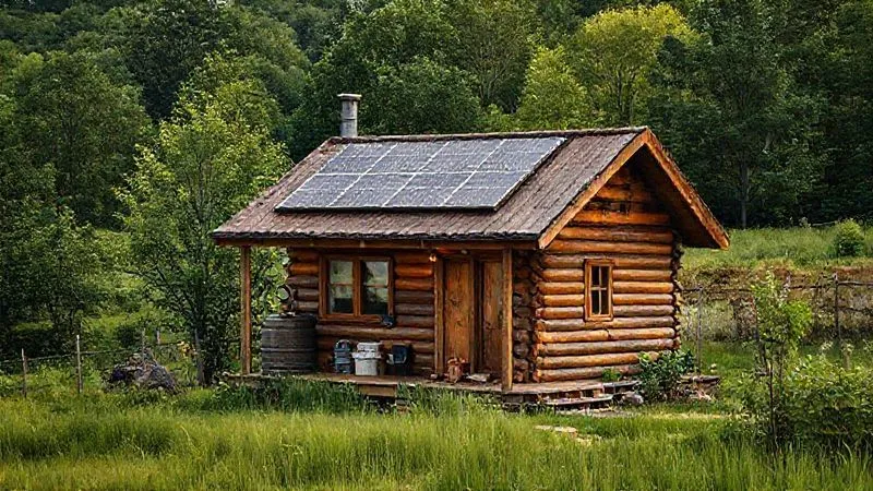 A photorealistic, professional photography, 8K, cinematic lighting, sharp focus, depth of field, shot on a high-end DSLR, depicting a charming, rustic yet modern, sustainably built cabin or small guesthouse nestled harmoniously into a lush green rural landscape. Visible elements include solar panels on the roof, a rainwater collection barrel, and a small organic garden nearby, symbolizing eco-friendly accommodation. A photorealistic, professional photography, 8K, cinematic lighting, sharp focus, depth of field, shot on a high-end DSLR, depicting a charming, rustic yet modern, sustainably built cabin or small guesthouse nestled harmoniously into a lush green rural landscape. Visible elements include solar panels on the roof, a rainwater collection barrel, and a small organic garden nearby, symbolizing eco-friendly accommodation.