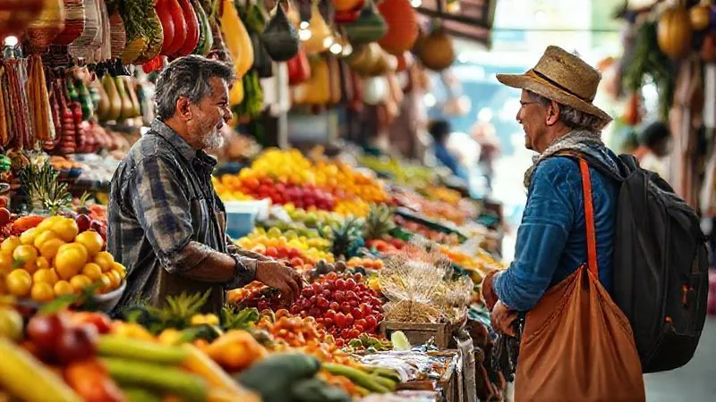 A photorealistic image of a vibrant local market stall, overflowing with fresh, colorful produce and handmade crafts, with a warm interaction between a local vendor and a traveler. Soft natural light, sharp focus on the details of the produce and crafts, depth of field blurring the background, 8K hyper-detailed, professional photography, cinematic lighting, shot on a high-end DSLR. A photorealistic image of a vibrant local market stall, overflowing with fresh, colorful produce and handmade crafts, with a warm interaction between a local vendor and a traveler. Soft natural light, sharp focus on the details of the produce and crafts, depth of field blurring the background, 8K hyper-detailed, professional photography, cinematic lighting, shot on a high-end DSLR.