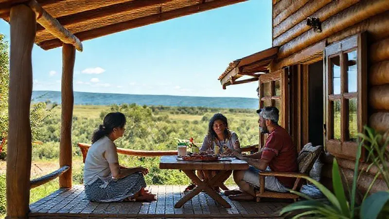 A photorealistic image of a cozy, sustainably built guesthouse exterior, made with local materials, nestled in a lush green landscape with a clear blue sky. A local family is seen interacting warmly with a traveler on the porch, sharing a traditional meal. Cinematic lighting, sharp focus on the faces, depth of field blurring the background slightly, 8K hyper-detailed, professional photography, shot on a high-end DSLR. A photorealistic image of a cozy, sustainably built guesthouse exterior, made with local materials, nestled in a lush green landscape with a clear blue sky. A local family is seen interacting warmly with a traveler on the porch, sharing a traditional meal. Cinematic lighting, sharp focus on the faces, depth of field blurring the background slightly, 8K hyper-detailed, professional photography, shot on a high-end DSLR.