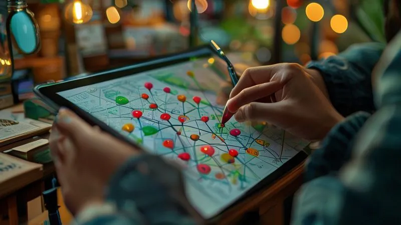 A photorealistic image of a person's hands holding a tablet with a map showing pins on various local markets and artisan cooperatives, surrounded by travel guides and notes. The lighting is soft and inviting, suggesting thoughtful planning. Professional photography, 8K, cinematic lighting, sharp focus, depth of field, shot on a high-end DSLR. A photorealistic image of a person's hands holding a tablet with a map showing pins on various local markets and artisan cooperatives, surrounded by travel guides and notes. The lighting is soft and inviting, suggesting thoughtful planning. Professional photography, 8K, cinematic lighting, sharp focus, depth of field, shot on a high-end DSLR.