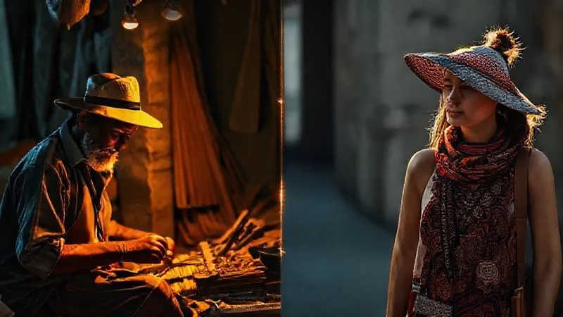 A photorealistic image depicting a subtle visual metaphor for the line between cultural appreciation and appropriation. On one side, a respectful traveler thoughtfully observing a local artisan at work, with warm, authentic lighting. On the other side, a tourist carelessly wearing a traditional cultural item as a fashion accessory, with stark, almost artificial lighting. The line between them is a shimmering, almost invisible barrier, sharp focus on both scenes, 8K hyper-detailed, shot on a high-end DSLR. A photorealistic image depicting a subtle visual metaphor for the line between cultural appreciation and appropriation. On one side, a respectful traveler thoughtfully observing a local artisan at work, with warm, authentic lighting. On the other side, a tourist carelessly wearing a traditional cultural item as a fashion accessory, with stark, almost artificial lighting. The line between them is a shimmering, almost invisible barrier, sharp focus on both scenes, 8K hyper-detailed, shot on a high-end DSLR.