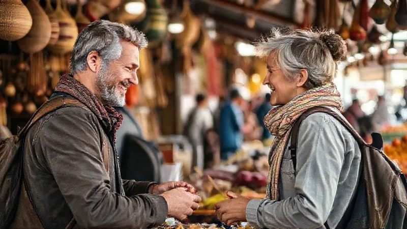 A photorealistic image showing a genuine, warm interaction between a traveler and a local vendor at an authentic, bustling market. The vendor is smiling, explaining a product, and the traveler is listening attentively, making a purchase. The scene is full of vibrant colors, local crafts, and fresh produce, with soft, natural lighting. Sharp focus on the interaction, depth of field blurring the background, 8K hyper-detailed, shot on a high-end DSLR. A photorealistic image showing a genuine, warm interaction between a traveler and a local vendor at an authentic, bustling market. The vendor is smiling, explaining a product, and the traveler is listening attentively, making a purchase. The scene is full of vibrant colors, local crafts, and fresh produce, with soft, natural lighting. Sharp focus on the interaction, depth of field blurring the background, 8K hyper-detailed, shot on a high-end DSLR.