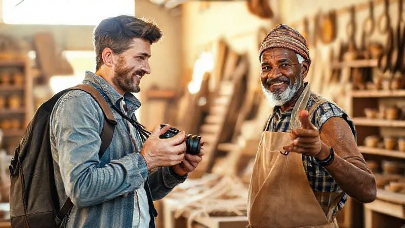 A photorealistic image of a traveler respectfully asking permission to take a photo of a local artisan in a vibrant, sunlit workshop. The traveler holds a camera but is making eye contact and smiling, while the artisan gestures an inviting 'yes'. The scene emphasizes mutual respect and connection, with sharp focus on their interaction, cinematic lighting, 8K hyper-detailed, shot on a high-end DSLR. A photorealistic image of a traveler respectfully asking permission to take a photo of a local artisan in a vibrant, sunlit workshop. The traveler holds a camera but is making eye contact and smiling, while the artisan gestures an inviting 'yes'. The scene emphasizes mutual respect and connection, with sharp focus on their interaction, cinematic lighting, 8K hyper-detailed, shot on a high-end DSLR.