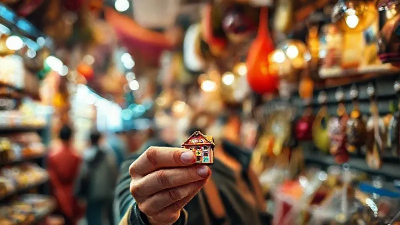 A photorealistic image of a person holding a small, colorful souvenir, looking overwhelmed by choices in a bustling, exotic market. Cinematic lighting, sharp focus on the person, 8K, depth of field. A photorealistic image of a person holding a small, colorful souvenir, looking overwhelmed by choices in a bustling, exotic market. Cinematic lighting, sharp focus on the person, 8K, depth of field.