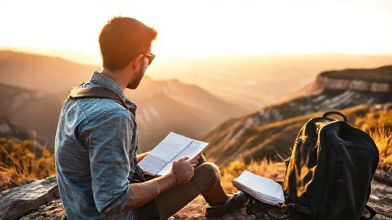 A photorealistic image of a traveler sitting by a scenic overlook, journaling in a notebook, with a minimalist backpack beside them. Golden hour lighting, sharp focus on the notebook and traveler, 8K. A photorealistic image of a traveler sitting by a scenic overlook, journaling in a notebook, with a minimalist backpack beside them. Golden hour lighting, sharp focus on the notebook and traveler, 8K.