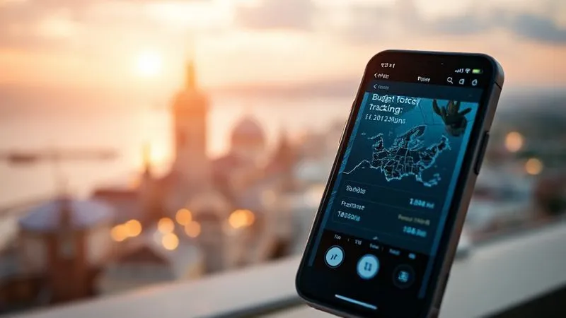 A photorealistic image of a smartphone screen displaying a budget tracking app, with a blurred background of a travel destination. Sharp focus on the app, cinematic lighting, 8K. A photorealistic image of a smartphone screen displaying a budget tracking app, with a blurred background of a travel destination. Sharp focus on the app, cinematic lighting, 8K.