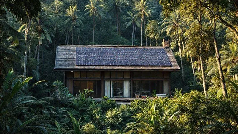 Photorealistic image of a modern, eco-friendly resort building nestled discreetly within a dense tropical forest, featuring solar panels on the roof, rainwater harvesting systems, and natural ventilation, with soft morning light, 8K, cinematic lighting, sharp focus, depth of field, shot on a high-end DSLR. Photorealistic image of a modern, eco-friendly resort building nestled discreetly within a dense tropical forest, featuring solar panels on the roof, rainwater harvesting systems, and natural ventilation, with soft morning light, 8K, cinematic lighting, sharp focus, depth of field, shot on a high-end DSLR.