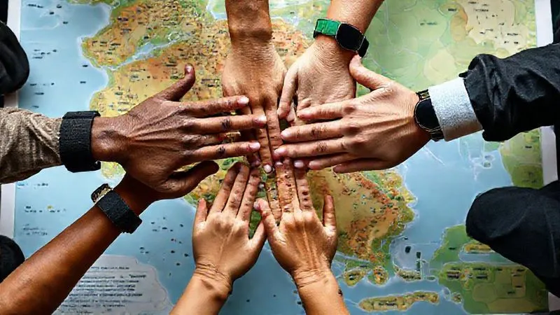 Photorealistic image of hands from diverse individuals (representing community, tourists, and conservationists) interlocking in a collaborative gesture over a vibrant map of a protected area, with a subtle overlay of digital data points, cinematic lighting, sharp focus, 8K hyper-detailed, shot on a high-end DSLR, conveying unity and shared purpose. Photorealistic image of hands from diverse individuals (representing community, tourists, and conservationists) interlocking in a collaborative gesture over a vibrant map of a protected area, with a subtle overlay of digital data points, cinematic lighting, sharp focus, 8K hyper-detailed, shot on a high-end DSLR, conveying unity and shared purpose.