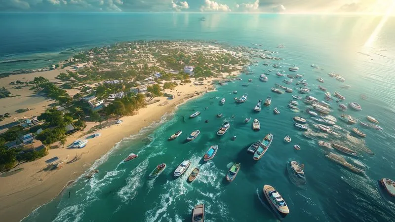 A photorealistic aerial view of a pristine beach being slowly encroached upon by an expanding resort complex and a growing number of small boats, showing clear signs of environmental stress like eroded dunes and murky water near the shore. Cinematic lighting, 8K, sharp focus, depth of field, professional photography.