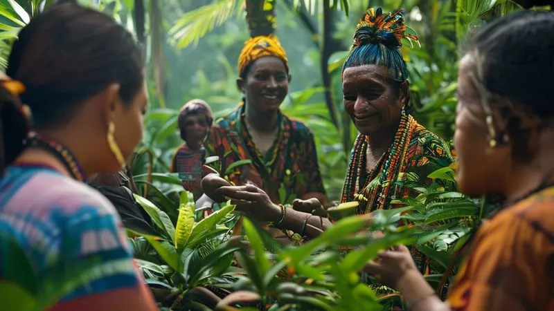 A photorealistic image of a local indigenous guide, with a warm smile, sharing insights about medicinal plants with a small group of respectful, attentive tourists in a vibrant rainforest setting. The scene emphasizes cultural exchange and sustainable tourism, with natural light and rich colors, 8K, professional photography.