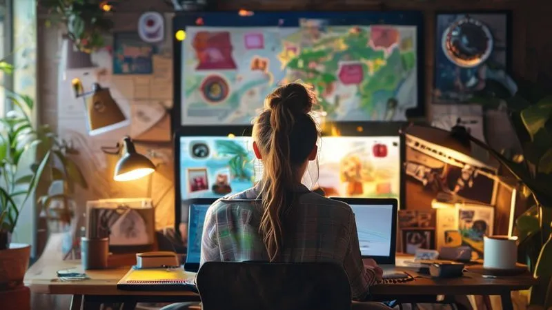 A photorealistic image of a person sitting at a laptop, sharing photos and stories of a sustainable trip, with a backdrop of a map and travel memorabilia. The scene conveys advocacy and education, with soft, inviting lighting, 8K, professional photography.