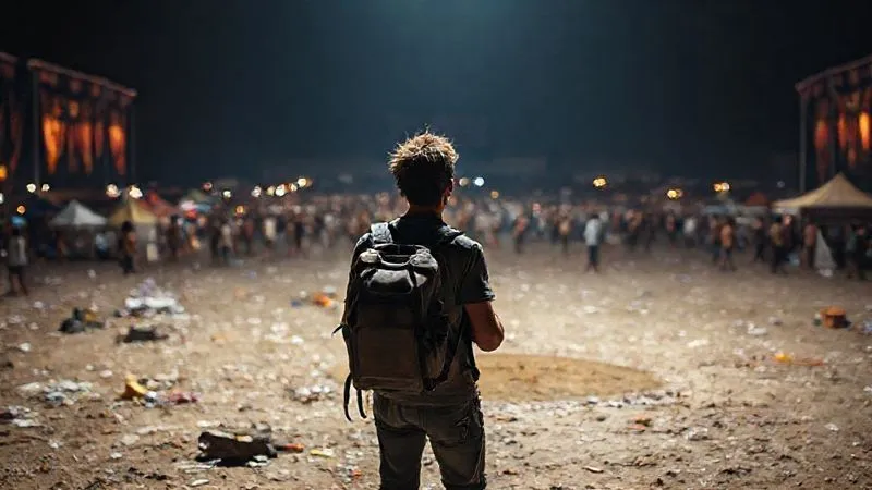 A photorealistic image of a lone backpacker looking determinedly at a vast, somewhat messy festival ground, but with a small, clean area around them, symbolizing their personal effort against the odds. The lighting is dramatic, highlighting resilience. Sharp focus on the backpacker, depth of field blurring the background, 8K. A photorealistic image of a lone backpacker looking determinedly at a vast, somewhat messy festival ground, but with a small, clean area around them, symbolizing their personal effort against the odds. The lighting is dramatic, highlighting resilience. Sharp focus on the backpacker, depth of field blurring the background, 8K.