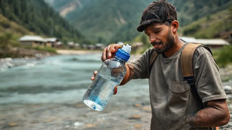 Photorealistic, professional photography, 8K, cinematic lighting, sharp focus, depth of field. A volunteer filling a reusable water bottle from a portable water filter, with a backdrop of a clear river and a small, remote village. The scene emphasizes self-reliance, environmental consciousness, and the importance of clean water in a challenging environment. No text or logos. Photorealistic, professional photography, 8K, cinematic lighting, sharp focus, depth of field. A volunteer filling a reusable water bottle from a portable water filter, with a backdrop of a clear river and a small, remote village. The scene emphasizes self-reliance, environmental consciousness, and the importance of clean water in a challenging environment. No text or logos.